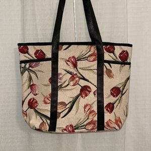 Large Canvas Tulip Print Ivory Green Red Black Trim Tote